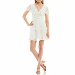 Top 10 🛒 B. Darlin Puffed-Sleeve Cut-Out Back Ruffle-Tier Fit-And-Flare Chiffon 👗 Dress Ivory 👍