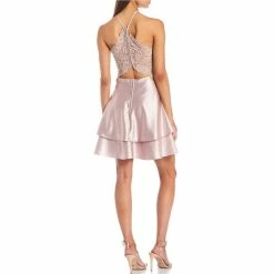 Deals ⭐ B. Darlin Spaghetti Strap V-Neck Lace-Bra-Back Glitter Shine Knit Double Hem 👗 Dress Blush 🔔 -B. Darlin shop unnamed file 1473