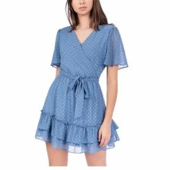 Best deal 🔥 B. Darlin Short Sleeve Surplice V-Neck Clip Dot Chiffon Ruffle Hem 👗 Dress Blue 😉 -B. Darlin shop unnamed file 1502