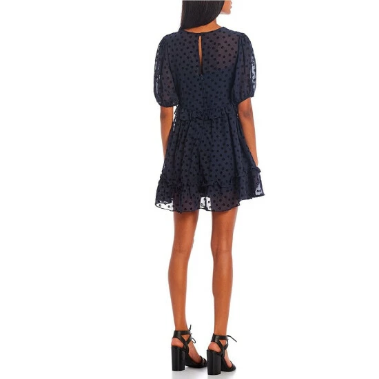 Hot Sale π B. Darlin Short-Sleeve Flocked-Dot Ruffled Shift π Dress Navy/black π₯ 4 Hot Sale π B. Darlin Short-Sleeve Flocked-Dot Ruffled Shift π Dress Navy/black π₯ - Image 2