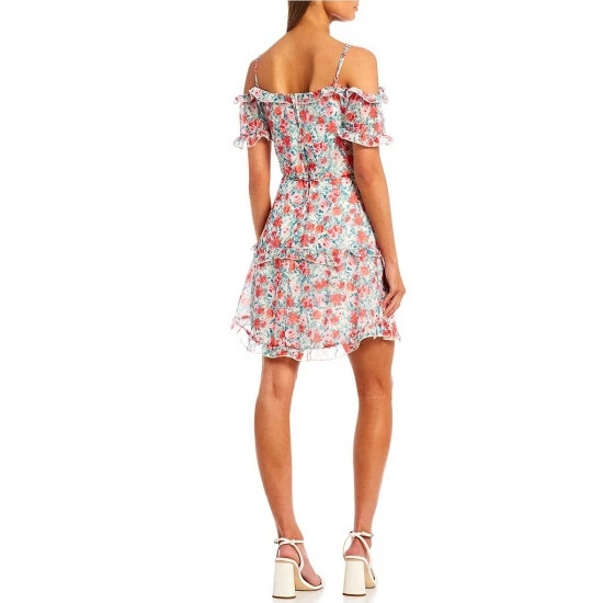 Promo โจ B. Darlin Off-The-Shoulder Lace-Up-Front Ruffle Floral Chiffon ๐ Dress Off White/red/green โค๏ธ 4 Promo โจ B. Darlin Off-The-Shoulder Lace-Up-Front Ruffle Floral Chiffon ๐ Dress Off White/red/green โค๏ธ - Image 2