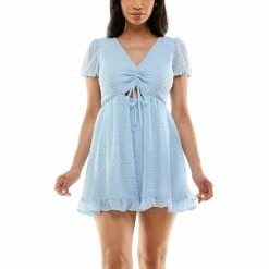 Promo ✔️ B. Darlin Short Sleeve Clip Dot Ruched Keyhole Bodice Ruffle Hem Romper Baby Blue 🎁 -B. Darlin shop unnamed file 1524