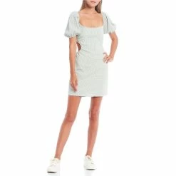 Cheapest ⌛ B. Darlin Puff Short Sleeve Cut Out Sides Gingham 👗 Dress White/green 🌟