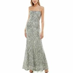 Cheapest ❤️ B. Darlin Square Neck Sequin Pattern Cross Back Long 👗 Dress Sage/silver 😍