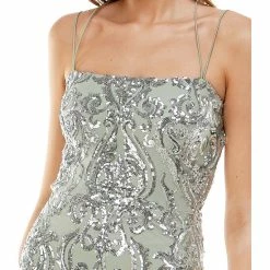 Cheapest ❤️ B. Darlin Square Neck Sequin Pattern Cross Back Long 👗 Dress Sage/silver 😍 -B. Darlin shop unnamed file 158