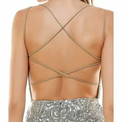 Cheapest ❤️ B. Darlin Square Neck Sequin Pattern Cross Back Long 👗 Dress Sage/silver 😍 -B. Darlin shop unnamed file 159