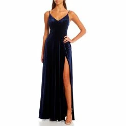 Brand new 🎉 B. Darlin V-Neck Front Slit Velvet Long 👗 Dress Navy ✨ -B. Darlin shop unnamed file 179
