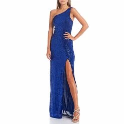 Coupon 😍 B. Darlin One Shoulder Side Slit Hem Sequin Long 👗 Dress Royal ❤️