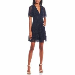 New 🌟 B. Darlin Sweetheart Neck Short Sleeve Lurex Mesh Back Tie Tiered 👗 Dress Navy ❤️