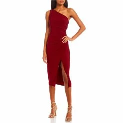 Coupon 🌟 B. Darlin One Shoulder Open Back Front Slit Fitted Midi 👗 Dress Wine 💯