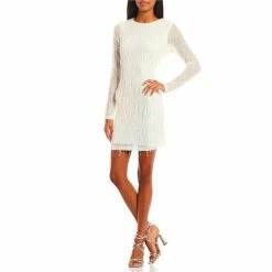 Top 10 ✔️ B. Darlin Round Neck Long Sleeve Open Back Fringe/Sequin Pull-On 👗 Dress White/iridescent 🔥