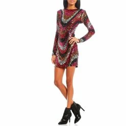 Outlet ⌛ B. Darlin Long Sleeve Open Back Pattern Sequin Pull-On 👗 Dress Black/silver/red ⌛