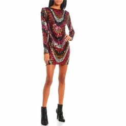 Outlet ⌛ B. Darlin Long Sleeve Open Back Pattern Sequin Pull-On 👗 Dress Black/silver/red ⌛ -B. Darlin shop unnamed file 212