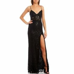 Coupon 🔔 B. Darlin Sleeveless Sequin-Embellished Illusion-Lace High Slit Long 👗 Dress Black/black ✔️