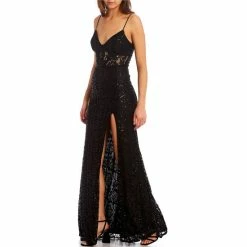 Coupon 🔔 B. Darlin Sleeveless Sequin-Embellished Illusion-Lace High Slit Long 👗 Dress Black/black ✔️ -B. Darlin shop unnamed file 215