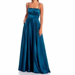 Coupon โญ B. Darlin Emma Sleeveless Ruched Square Neck Side Slit Satin Ball Gown Dark Teal ๐ฅ