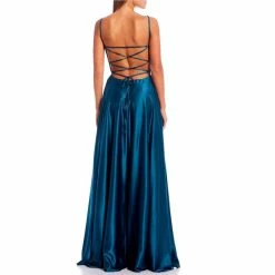 Coupon ⭐ B. Darlin Emma Sleeveless Ruched Square Neck Side Slit Satin Ball Gown Dark Teal 🔥 -B. Darlin shop unnamed file 223