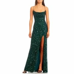 Brand new ⭐ B. Darlin Cowlneck Sequin-Embellished High Slit Hem Ball Gown Copper/copper ✔️