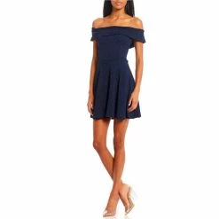 Best Pirce 😍 B. Darlin Off-The-Shoulder Glitter Fit-And-Flare 👗 Dress Navy ⭐ -B. Darlin shop unnamed file 287