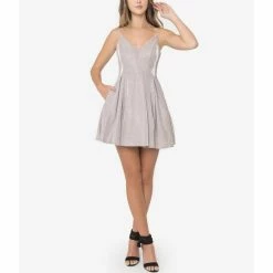 Hot Sale ⌛ B. Darlin Sleeveless Metallic Shine Fit-And-Flare 👗 Dress Rose ✔️