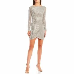 Buy 😍 B. Darlin Long Sleeve Sequin Mesh Wrap 👗 Dress Silver 🔥