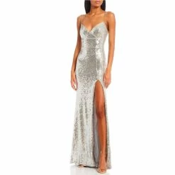 Budget ๐งจ B. Darlin Sleeveless V-Neck High Slit Sequin-Embellished Ballgown Silver โ