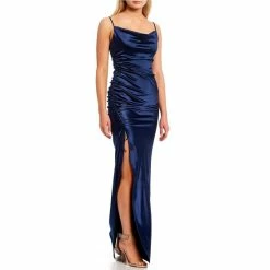 Best Sale ⌛ B. Darlin Spaghetti-Strap Cowl-Neck Side-Ruched Slit Satin Sheath 👗 Dress Emerald 💯 -B. Darlin shop unnamed file 367