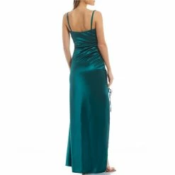 Best Sale ⌛ B. Darlin Spaghetti-Strap Cowl-Neck Side-Ruched Slit Satin Sheath 👗 Dress Emerald 💯 -B. Darlin shop unnamed file 369