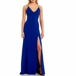 Wholesale 😉 B. Darlin Cross Back Front Slit Long V-Neck 👗 Dress Elect Blue 😀