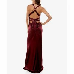 Best Sale 🛒 B. Darlin Sleeveless Satin X-Back Long 👗 Dress Wine 👍 -B. Darlin shop unnamed file 42