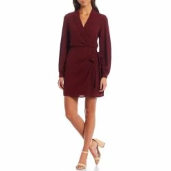 Buy 💯 B. Darlin Long Sleeve V-Neck Collar Side Waist Tie 👗 Dress Wine 🔥