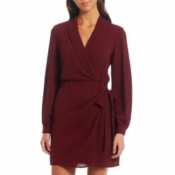 Buy 💯 B. Darlin Long Sleeve V-Neck Collar Side Waist Tie 👗 Dress Wine 🔥 -B. Darlin shop unnamed file 423