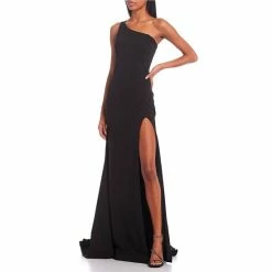 Cheap 😉 B. Darlin One-Shoulder High-Slit-Hem Scuba Crepe Train Ball Gown Black 👍