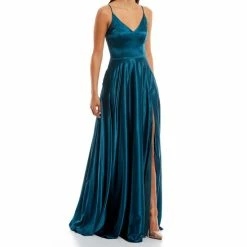Best reviews of 🔥 B. Darlin V-Neck Spaghetti Strap Princess Seam Side Slit Flounce Satin Ball Gown Dark Teal 👏