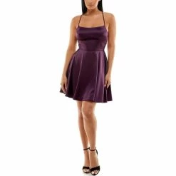 Deals 🔔 B. Darlin Square Neck Fit-And-Flare Lace Up Back 👗 Dress Infinite Plum 🥰