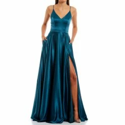 Best reviews of 🔥 B. Darlin V-Neck Spaghetti Strap Princess Seam Side Slit Flounce Satin Ball Gown Dark Teal 👏 -B. Darlin shop unnamed file 49