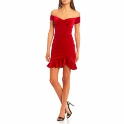 Budget ✔️ B. Darlin Off-The-Shoulder Corset Bodice Ruffle Hem 👗 Dress Red 😀