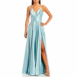 Wholesale 💯 B. Darlin Spaghetti Strap V-Neck Side Slit Satin Long 👗 Dress Azarine 🛒