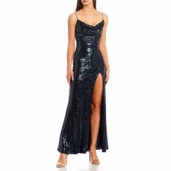 New 🎉 B. Darlin Sleeveless Spaghetti Strap X-Back Cowl Neck Sequin-Embellished Slit Hem Long Ballgown Navy/navy 👍