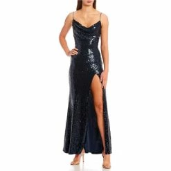 New 🎉 B. Darlin Sleeveless Spaghetti Strap X-Back Cowl Neck Sequin-Embellished Slit Hem Long Ballgown Navy/navy 👍 -B. Darlin shop unnamed file 537