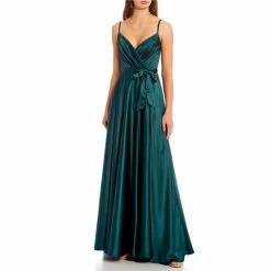 Coupon ๐ B. Darlin Spaghetti-Strap Wrap V-Neck Tie Waist Slit Hem Satin Dull Charmeuse Long ๐ Dress Hunter โ๏ธ