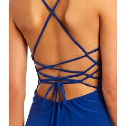 Best Pirce 😍 B. Darlin Sleeveless Cowlneck Lace-Up Back ITY Faux-Wrap Slip 👗 Dress Deep Royal 🎁 -B. Darlin shop unnamed file 550