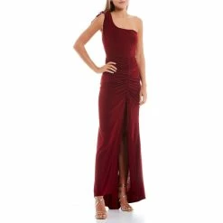 Cheapest ๐งจ B. Darlin One-Shoulder Ruched Drawstring Detail Long Slit Hem Sheath ๐ Dress Burgundy ๐