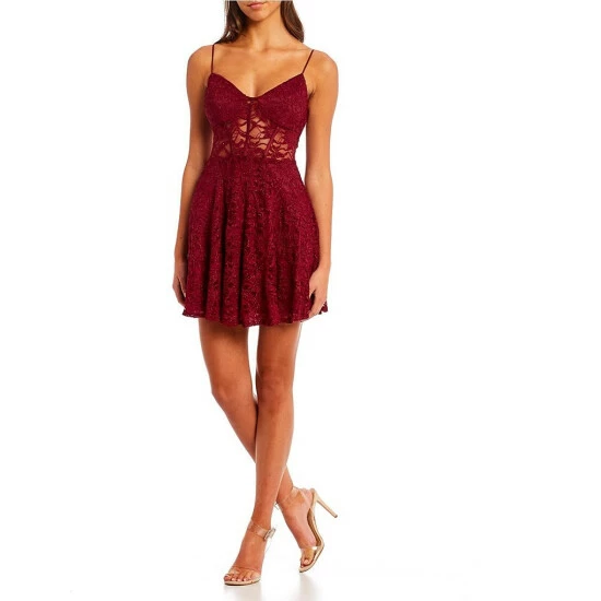 Cheap 🎉 B. Darlin Glitter Lace Corset Bodice Fit-And-Flare Party 👗 Dress Burgundy 💯 3 Cheap 🎉 B. Darlin Glitter Lace Corset Bodice Fit-And-Flare Party 👗 Dress Burgundy 💯