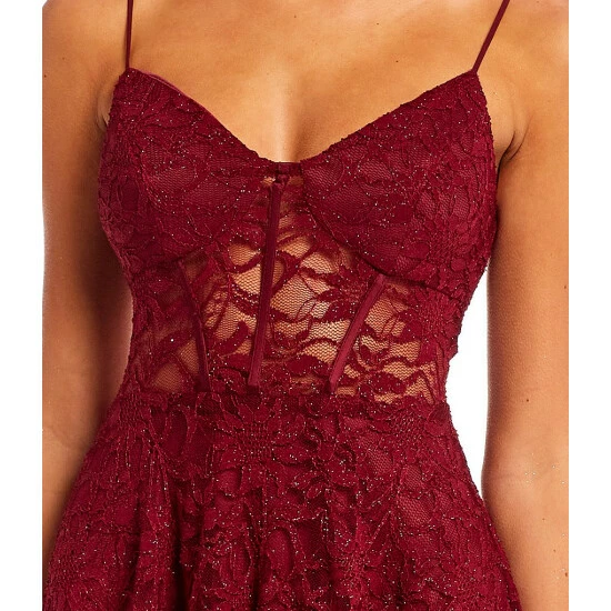 Cheap 🎉 B. Darlin Glitter Lace Corset Bodice Fit-And-Flare Party 👗 Dress Burgundy 💯 6 Cheap 🎉 B. Darlin Glitter Lace Corset Bodice Fit-And-Flare Party 👗 Dress Burgundy 💯 - Image 4