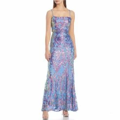 Deals 🧨 B. Darlin Spaghetti-Strap Square-Neck Tie-Back Embroidery Pattern Sequined Mesh Ball Gown Periwinkle/pink 🧨