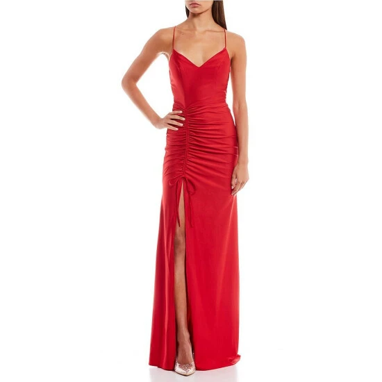 Cheap ๐ B. Darlin Spaghetti Strap V-Neck X-Back Cinched Side-Tie Slit Hem Shiny Knit Long ๐ Dress Tomato Red ๐งจ 3 Cheap ๐ B. Darlin Spaghetti Strap V-Neck X-Back Cinched Side-Tie Slit Hem Shiny Knit Long ๐ Dress Tomato Red ๐งจ