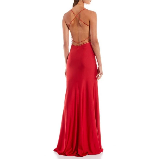 Cheap ๐ B. Darlin Spaghetti Strap V-Neck X-Back Cinched Side-Tie Slit Hem Shiny Knit Long ๐ Dress Tomato Red ๐งจ 4 Cheap ๐ B. Darlin Spaghetti Strap V-Neck X-Back Cinched Side-Tie Slit Hem Shiny Knit Long ๐ Dress Tomato Red ๐งจ - Image 2