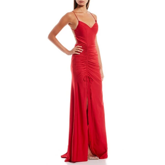 Cheap ๐ B. Darlin Spaghetti Strap V-Neck X-Back Cinched Side-Tie Slit Hem Shiny Knit Long ๐ Dress Tomato Red ๐งจ 5 Cheap ๐ B. Darlin Spaghetti Strap V-Neck X-Back Cinched Side-Tie Slit Hem Shiny Knit Long ๐ Dress Tomato Red ๐งจ - Image 3