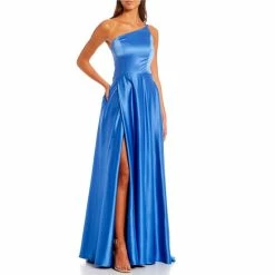 Flash Sale 🔔 B. Darlin Double Strap Pocket Long Satin 👗 Dress Cobalt Thunder ✔️